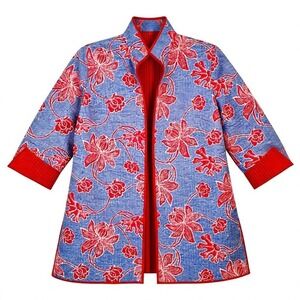 Patty Kim Silk LARGE Lined Floral Jacket Orange Blue REVERSIBLE